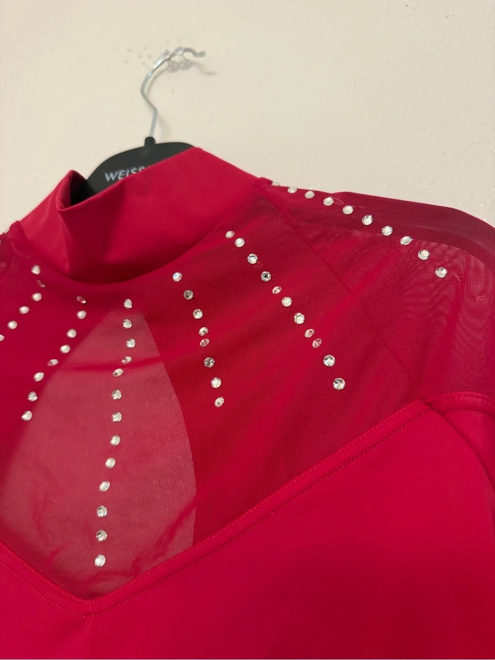 Weissman Ivy Sky dance red Crystal Mesh Crop Top Long sleeve MT11572 LA Large